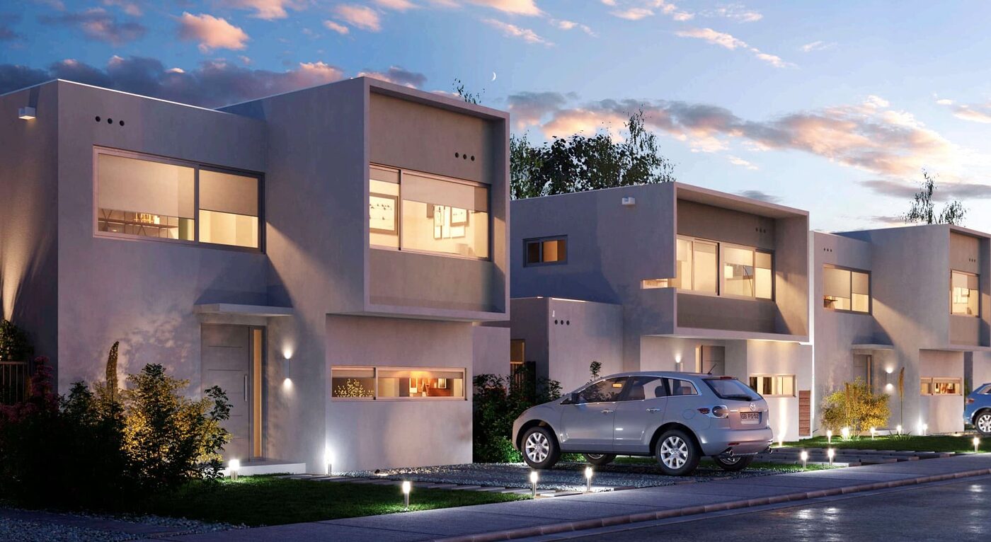 Casas del condominio Ayres de Chicureo al atardecer